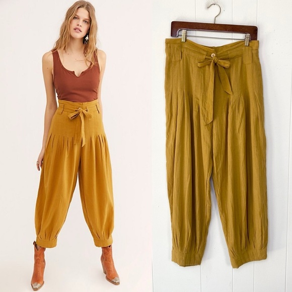Free People Blue Skies Forever Tie Waist Harem Pants Mustard Yellow Size XS - Picture 1 of 16